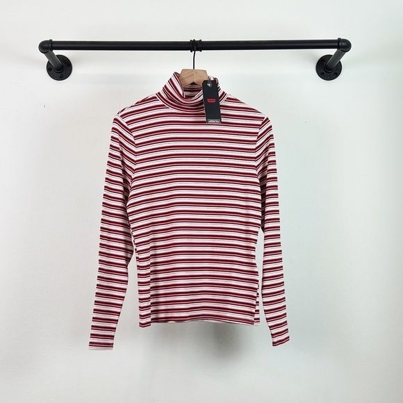 NWT Levi’s Ellie Fine Ribbed Striped Turtleneck Top Pink/White - Picture 2 of 5